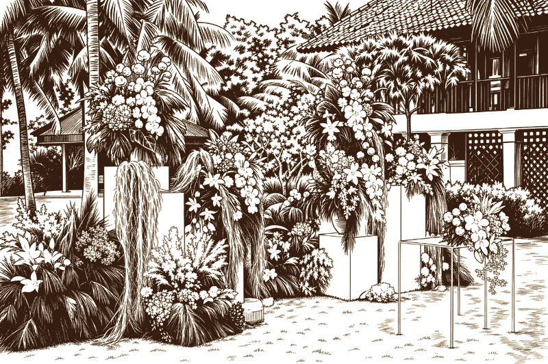 Pen-and-ink illustration of a tropical Bali ceremony with pedestal floral arrangements, palms, and villa architecture
